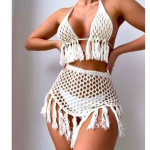 White Shein fringe crochet bikini cover up set
